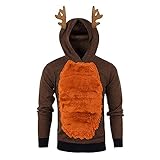 Herren-Weihnachtsgeweih Hoodies, V-Ausschnitt, langärmelig, Geweih, Pullover, Kapuze, großes Colortblock-Fleece-Rentier-Sweatshirt, Orange 1, XL