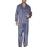 Herren Pyjamas 100% Seide Satin Langarm Nachtwäsche Sets Button Down Lange Hosen Loungewear M-3XL ， Blau Grau ， L