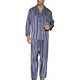 Herren Pyjamas 100% Seide Satin Langarm Nachtwäsche Sets Button Down Lange Hosen Loungewear M-3XL ， Blau Grau ， L