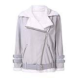 YINGXIONG Damen Warme Plüsch Lederjacke Vintage Motorradjacke Revers Reißverschluss Kurze Bikermantel mit Pelzkragen Tasche Winter Mantel Fleecejacke Kunstpelz Übergangsjacke Outw