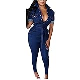 TWIOIOVE Damen Mode Sexy Denim Strampler Beiläufig Stil Taschen Spitzendesign Dünne Taille LangeJeanslatzhose Denim Overall Jumpsuit Playsuit Jeans Hosenanzug Romp