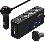 BOLTHO QC 3.0 zigarettenanzünder verteiler, 4 USB Auto Ladegerät und 3 Fach KFZ Adapter, Schnellladung 12V / 24V mit LED Spannunganzeige, für Smartphone-Tablet-Dashcam, Ein Handyhalter k