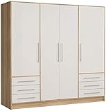 FORTE Jupiter Kleiderschrank 4-türig, 6 Schubkästen, Holzwerkstoff, Sonoma Eiche + Weiß, 206.5 x 60 x 200