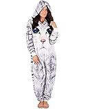 CityComfort Pyjama Onesie Für Damen Lang Tier Cosplay Kostüme aus Fleece Damen Einhorn Schlafanzug Jumpsuit Overalls Onesie Kostüm Fasching Karneval Kostüm Für Erwachsene (L, Katze)