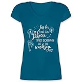 Sprüche Statement mit Spruch - Lass los Pusteblumen - Weiß - S - Türkis - Statement - XO1525 - Damen T-Shirt mit V