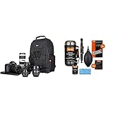 Rollei Fotoliner Fotorucksack M (großer Kamerarucksack (Daypack) mit Schnellzugriff, Laptop-Fach) schwarz & Kamera Reinigungsset Travel -Set zur Linsen-, und Objektivreinigung, inkl. Lenspen- schw