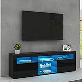 1600mm LED TV Schrank TV Lowboard Modernes Hochglanz TV Ständer Aufbewahrungselement mit 2 Türen & Glasböden Sideboard für Wohnzimmer Schlafzimmer Möbel, Schw