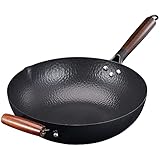 Cookeriess Chinesischer Wok aus Karbonstahl, flacher Boden für alle Herde, zum Braten und Braten mit gehämmertem Finish, abnehmbarer Holzgriff (Karbonstahl, zwei Griffe, mittel)