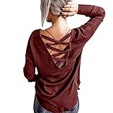 MRULIC Damen Pullover Blusen Langarmshirt Rundhals Faden Kreuz RüCkenfrei Farbverlauf Langarm Freizeit Bluse T-Shirts Tops Basic Shirts Oberteile(A6 Wein,XL)