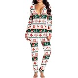 Damen Sexy Schlafanzug mit tiefem V-Ausschnitt, Weihnachten, Langarm, Einteiler mit Weihnachtsdruck, Strampler mit Weihnachtsmotiv, Nachtwäsche Overall (weiß gestreift, groß)