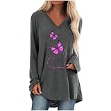 PWKNRD Pullover Damen Longshirt Casual Lose Langarmshirt Sweater Lange Sweatshirt Elegant Oberteile Tunika mit Schmetterling Liebe Druck Jumper V-Ausschnitt Blusenshirt Frühling Streetw