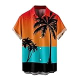 Rusaly Hawaiihemd Herren Kurzarm Sommerhemd Freizeithemden Hawaii-Print Strand Blumen Palmen Beach Print Button-Down-Hemd Funky Hemd für Karneval Party