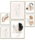 MUUDLY Premium Poster Set, Moderne Wandbilder für Wohnzimmer und Schlafzimmer, 2 x A3 & 4 x A4, Bilder als Wanddeko (Abstrakt Line Art Beige, ohne Rahmen)