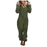 Briskorry Damen Jumpsuit Teddy Fleece Schlafanzug Einteiler Winter Warm Kuschelig Onesie Lang Schlafoverall Pyjama Kuschelig und Warm Ganzkörperanzug Flauschig Hausanzug mit Kapuze & Reiß