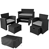 tectake 800719 Polyrattan Sitzgruppe für Garten Balkon Terrasse, für 4 Personen, mit Hocker, Staufach unter der Sofasitzfläche, Tisch mit Ablage, inkl. Schutzhülle + Kissen (Schwarz-Grau | Nr. 404299)