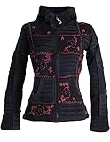 Vishes - Alternative Bekleidung - Mit Blumen bestickte Patchwork Jacke aus Baumwolle, mit Zipfelkapuze schwarz-dunkelrot 48