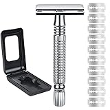 URAQT Rasierhobel Damen und Herren, Edelstahl Nassrasierer Sicherheitsrasierer, Doppelkante Rasierer Klingen Safety Razor Set mit Reise Etui und 10 Rasierkling