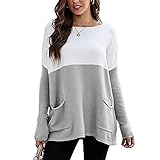 Herbst Und Winter Casual Fashion Damen Rundhals KontrastnäHte Langarm Strick T-Shirt Lose Hedging Pocket Bottoming Top D