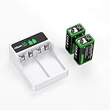 HiQuick 9V Akku mit Ladegerät Set - LCD 9V Batterieladegerät mit 2X 280 mAh 9V Akk
