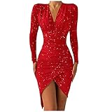 Kleider Damen Herbst Winter Frauen Glitzer Minikleid Tiefer V-Ausschnitt Langarm Unregelmäßiger Saum Kleid Bankettkleid Figurbetont Abendkleid Cocktailkleider Partyk