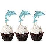 Unimall Global 24Pcs Glitter Blue Dolphin Cupcake Topper Meeresthema Cupcake Picks für Babyparty Meeresthema Geburtstagsfeier Dekoration Zubehö