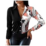 RKaixuni Bluse Damen Elegant Langarm, Blusen Tuniken für Damen, Trachtenbluse Vintage Druck mit Knopfleiste Winter Herbst V-Ausschnitt Shirt Tops Slim Fit Hemd Blusejack