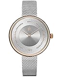 Alienwork Armbanduhr Damen Rose-Gold Metall Mesh Armband Edelstahl Silber Strass-Steinen Eleg