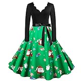 Weihnachten Kleid Damen Cocktailkleid Elegant Abendkleid Satin Kleid Weihnachtsmann Drucken Party Kleider Langarm A-Linie Kleid V-Ausschnitt Partykleid großen Winterk