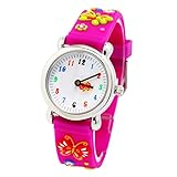 Kinderuhr Mädchen Armbanduhr 3D Bilder Analog Quarz Uhr Gummi-Armband - Pink - Schmetterling