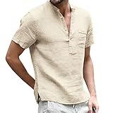 Julhold Herren Henley Shirt Kurzarm Tops Einfarbig Streetwear Bluse Casual Jumper Frühling Sommer Loose Fit T-Shirt Tees(Beige,L)