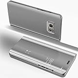 Miagon Spiegel Standing Schutzhülle für Galaxy S6 Edge, Transluzent Aussicht PC-Vorderseite Metall-Galvanotechnik Silber Stilvolle Brieftasche Schale Etui für Samsung Galaxy S6 Edg