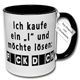 Lustige Tasse, Kaffeetasse mit Spruch 'Ich kaufe ein I und möchte lösen Fick Dich' Spruchtasse Geschenk Büro (A: Schwarz-Weiß)