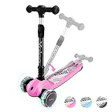 YOLEO Kinderoller Kinderscooter Dreiradscooter mit LED Räder, 2-Rädern Hinterbremsen,4 Höhenverstellbare, faltbar Lenker, 50kg belastbar, für Kleinkinder Jungen Mädchen, ab 3 Jahre (Rosa)