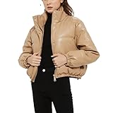 Yokbeer Damen Dolman PU Brotjacke Leichte Steppjacken, Reißverschluss Langarm Winter Glänzender Metallic Puffermantel (Color : Khaki, Size : L)