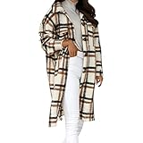 EMATOP Mantel Damen Lange Hemdjacke Langarm Wollemantel Kariertes Winterjacke Trenchcoat Mode Revers Wintermantel Cardigan Herbst Winter Bequemes Fleecejacke übergangsjacke mit Tasche Outw