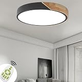 CASNIK 48W LED Deckenleuchte Rund Holz Lampe Deckenlampe für Wohnzimmer,Energie Sparen Licht, Dimmbar Mit Fernbedienung Leuchte (Holz-Rund 48W Schwarz)