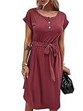 Bequemer Laden Damen Casual Kleid Kurzarm Rundhals Midi Kleider Elegant Knopfleiste Tshirt Sommerkleid Freizeitkleid mit Gürtel Einfarbig, Rot, S