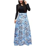 Kobay Damen Winter Langarm Rock Lässig Mode Kleider Bequem Womens Casual Christmas Print Spleißen Langarm Rundhalsausschnitt Lose Lange Kleider(Blau, XXL) 23