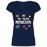 Sprüche Statement mit Spruch - Ich Hasse Menschen Kinderschrift - weiß - 3XL - Dunkelblau - Shirt ich Hasse Menschen - XO1525 - Damen T-Shirt mit V