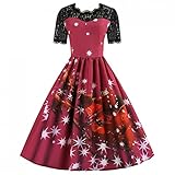 Vintage Elegante Kleider Weihnachtskleid Damen Elegant Langarm V-Ausschnitt Cocktailkleid A-Linie Swing Abendk