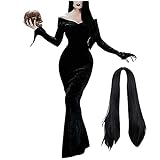 ConBeauty Morticia Addams Kostüm mit Perücke-Halloween-Kostüm, Addams Familienkostüme, Morticia Kleid Schulterfreies Party G