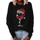 Geilisungren Weihnachten Tops Damen Langarm O-Ausschnitt Weinglas Druck Pullover Lustige T-Shirt Weihnachtsmuster T-Shirts Urlaub Casual Sweatshirt Übergroße B