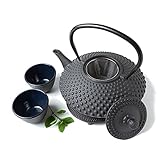 Tealøv TEEKANNE SET GUSSEISEN 1,25 LITER | Komplettes Teeservice aus Gusseisen | Tee Set Im Japanischen Stil | Teekanne mit Sieb aus Edelstahl, Teetassen und Untersetzer | Kambin Schw