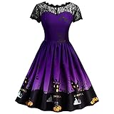 YJING Halloween Kleider Damen Hexenkostüm Kürbis Hexe Schwarze Katze Spitze Partykleid Rückenfreie Cosplay Elegantes Knielanges Festkleid Skater Swing Ballkleid A-Linie Swing Dress(12-Lila,L)