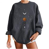 Damen Sweatshirt Vintage Pullover Oversized Oberteile Tops Sport Langarm Kapuzenpullover Pulli Shirts Basic Rundhals Langarmshirt Sonne Mond Drucken Longshirt Frühling Herbst Outw