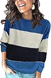Voqeen Damen Pullover Langarm Rundhals Farbblock Pullover Streifen Patchwork Strickpullover Lose Pullover Tops, blau, S