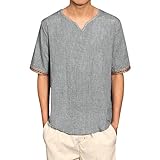 Boho-Hemd für Herren, Leinenhemden, Baumwolle, atmungsaktiv, leicht, lässig, kurzärmelig, V-Ausschnitt, lockere Bluse, entspannt, bequem, einfarbig, reines T-Shirt, weiche Loungewear Zuhause, blau, L