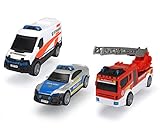 Dickie Toys SOS Team, 3er Spielset bestehend aus Rettungswagen, Polizei & Feuerwehrauto mit Wasserspritze, deutsche Version, 14 cm, ab 3 J