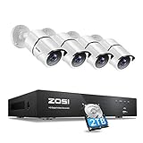 ZOSI 4CH H.265+ 4K Ultra HD DVR Außen Videoüberwachung Set mit 2TB Festplatte und 4X 8MP Outdoor Überwachungskamera Haus Sicherheitssy