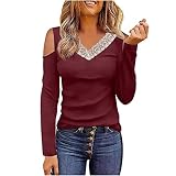 Oberteile für Damen Farbverlauf Printing Shirts Frühling Sommer Herbst Schulterfreies Sweatshirt V Ausschnitt Schmale Tunika mit Spitze Langarmbluse Hautfreundlich Schlank Streetwear Club